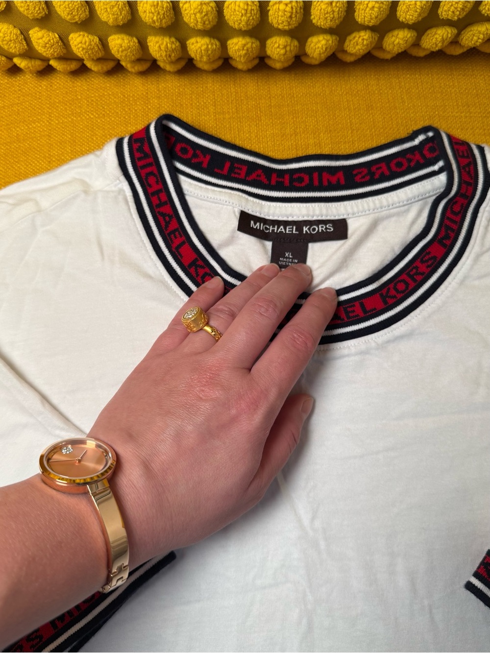 Michael Kors White Short Sleeve Crew with Navy and Red Logo Trim